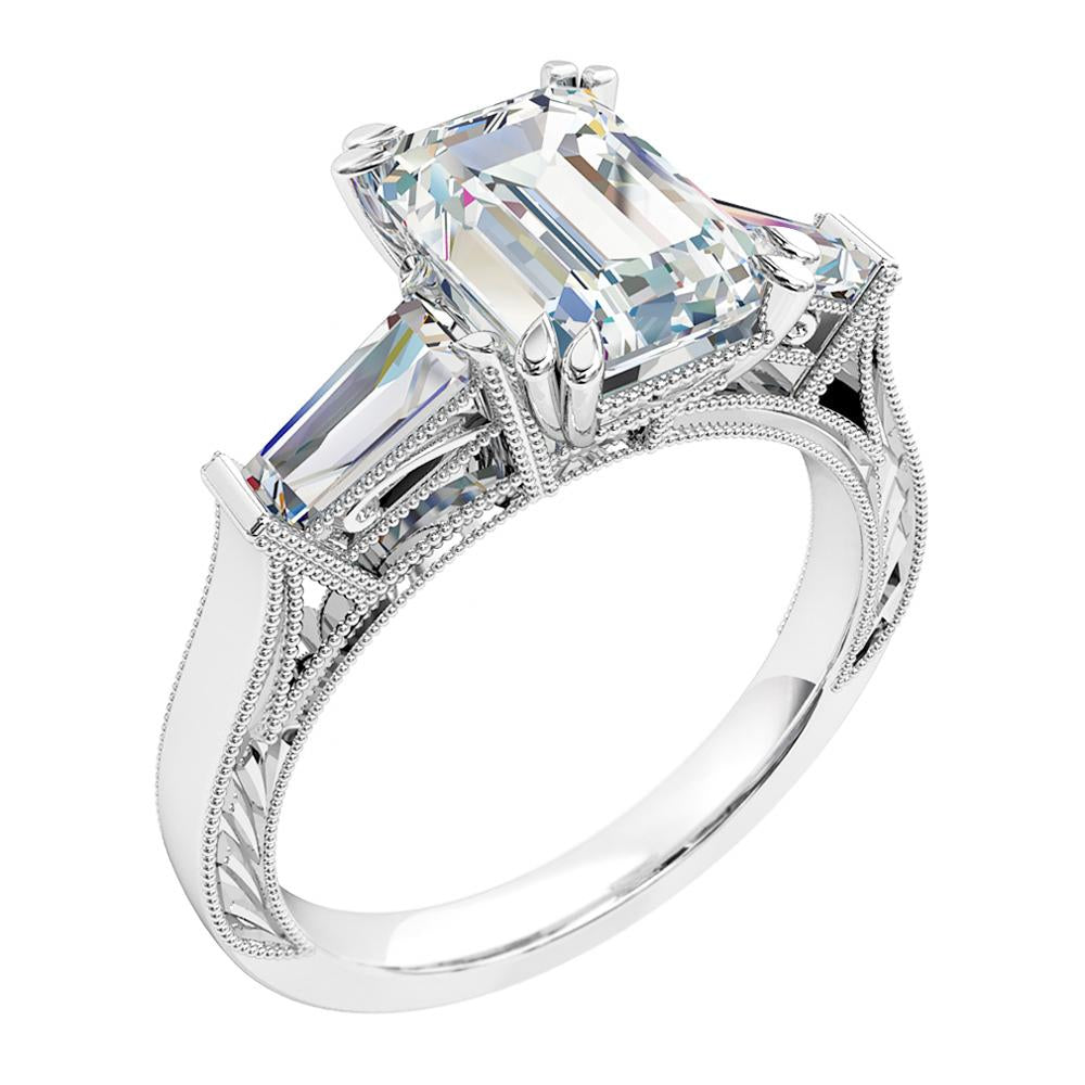Emerald Three Stone Pavé Diamond Engagement Ring
